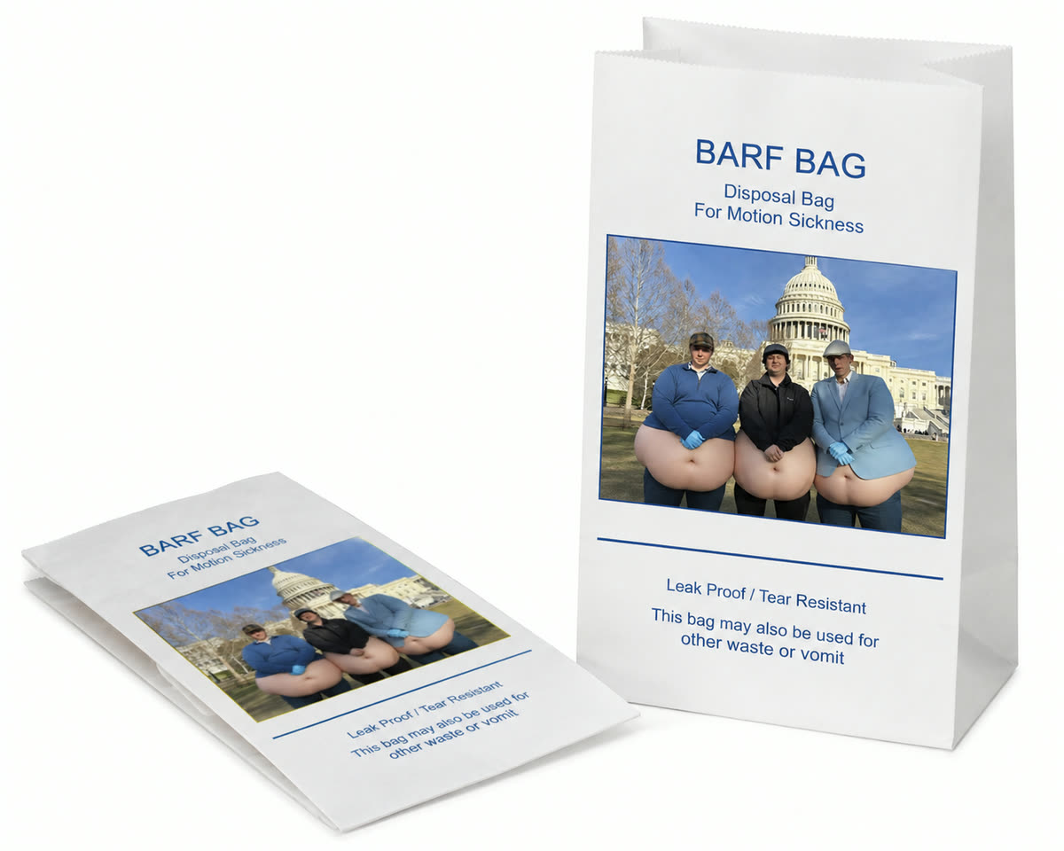 A paper motion sickness bag printed with the Capitol Gains photograph