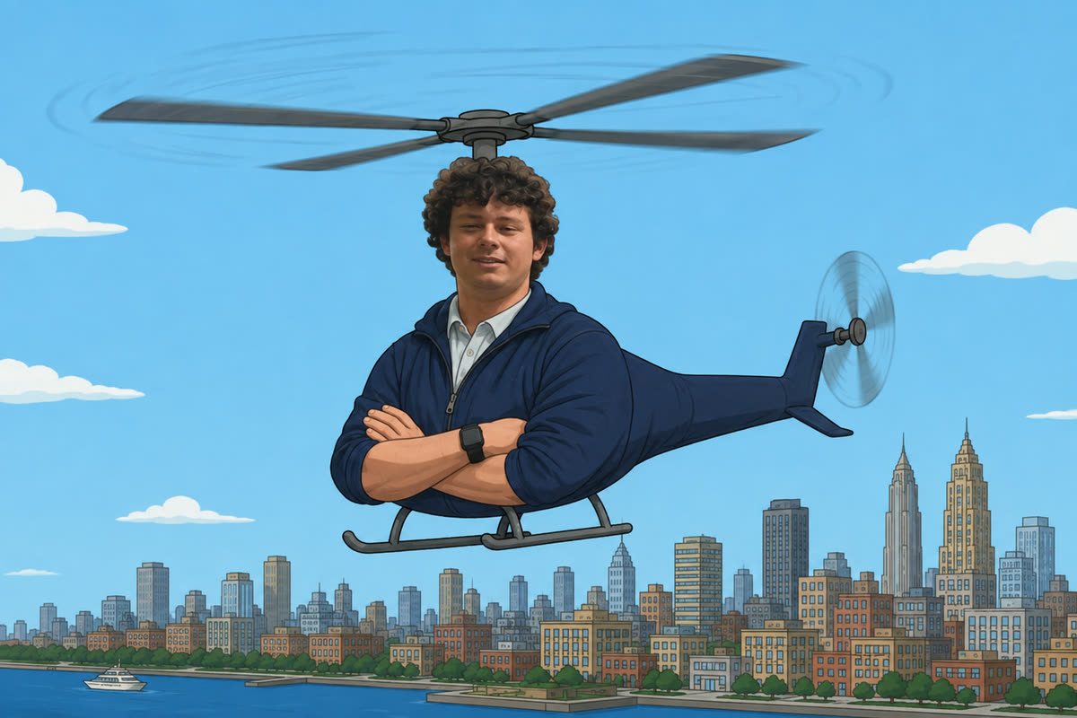 A helicopter whose fuselage is the body of Chris Ilic with arms folded