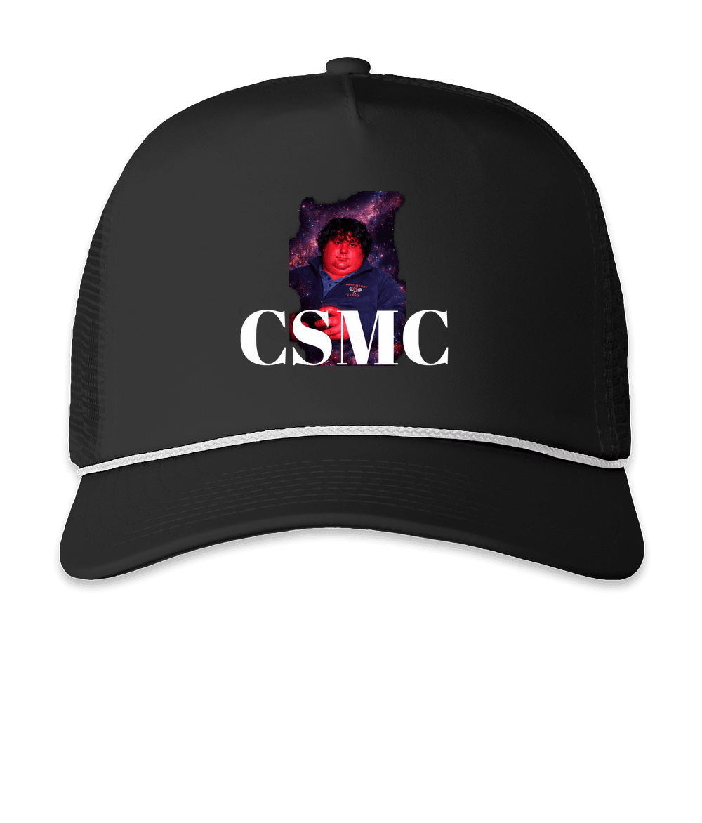 Black rope-front trucker cap printed with a galaxy portrait and the letters CSMC
