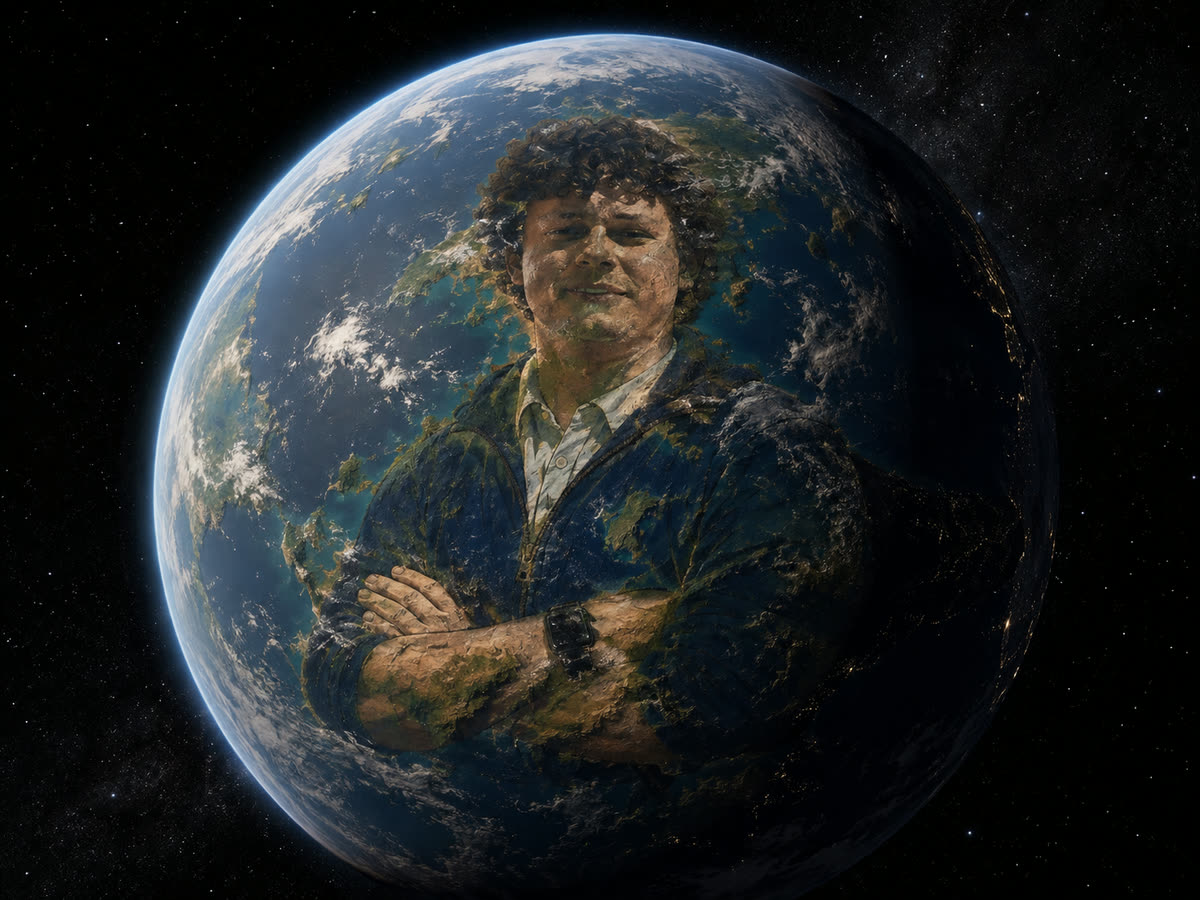 The Earth seen from space with the continents forming a portrait of Chris Ilic