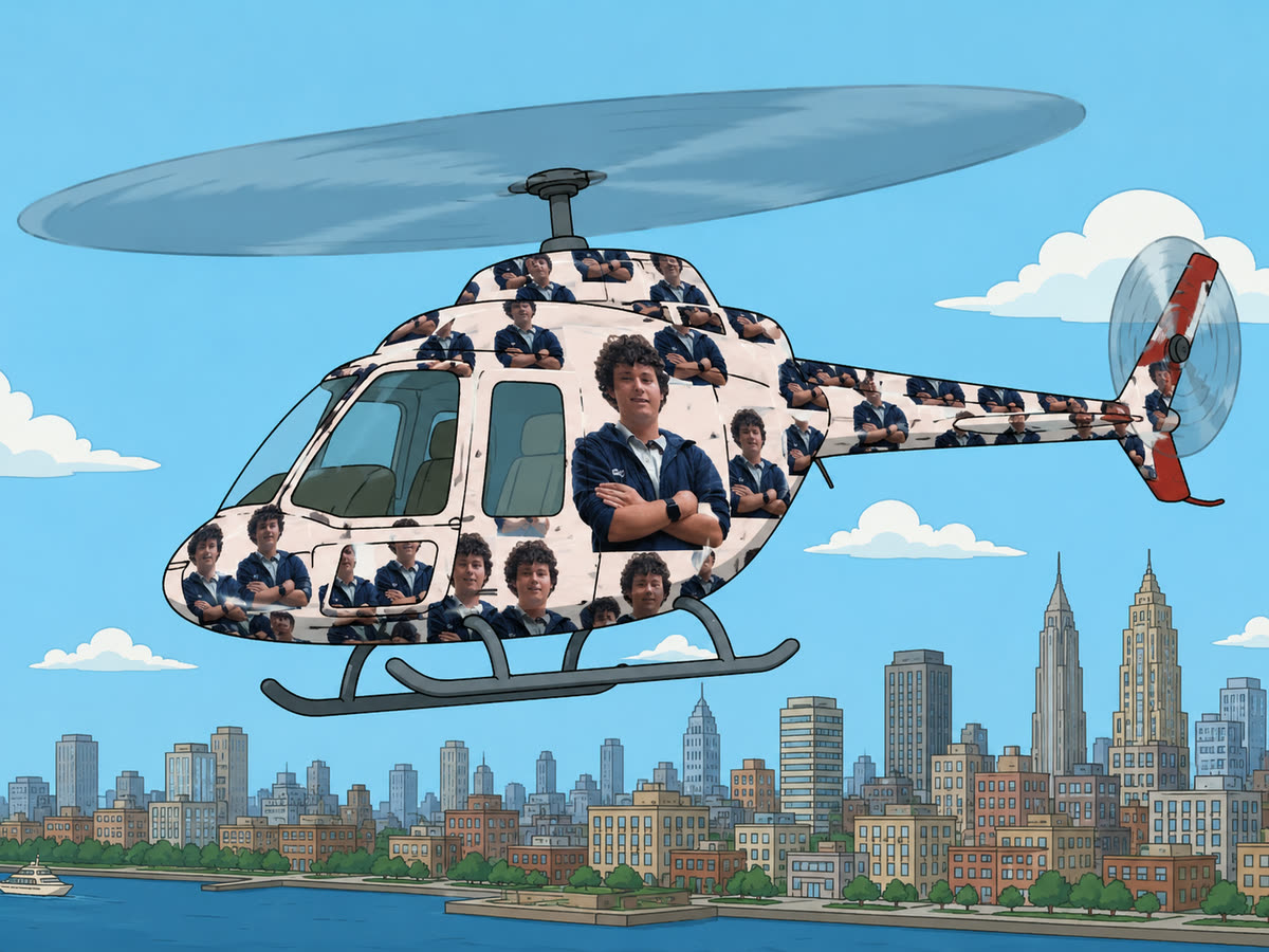A helicopter wrapped in a repeating portrait of Chris Ilic flying over a city river