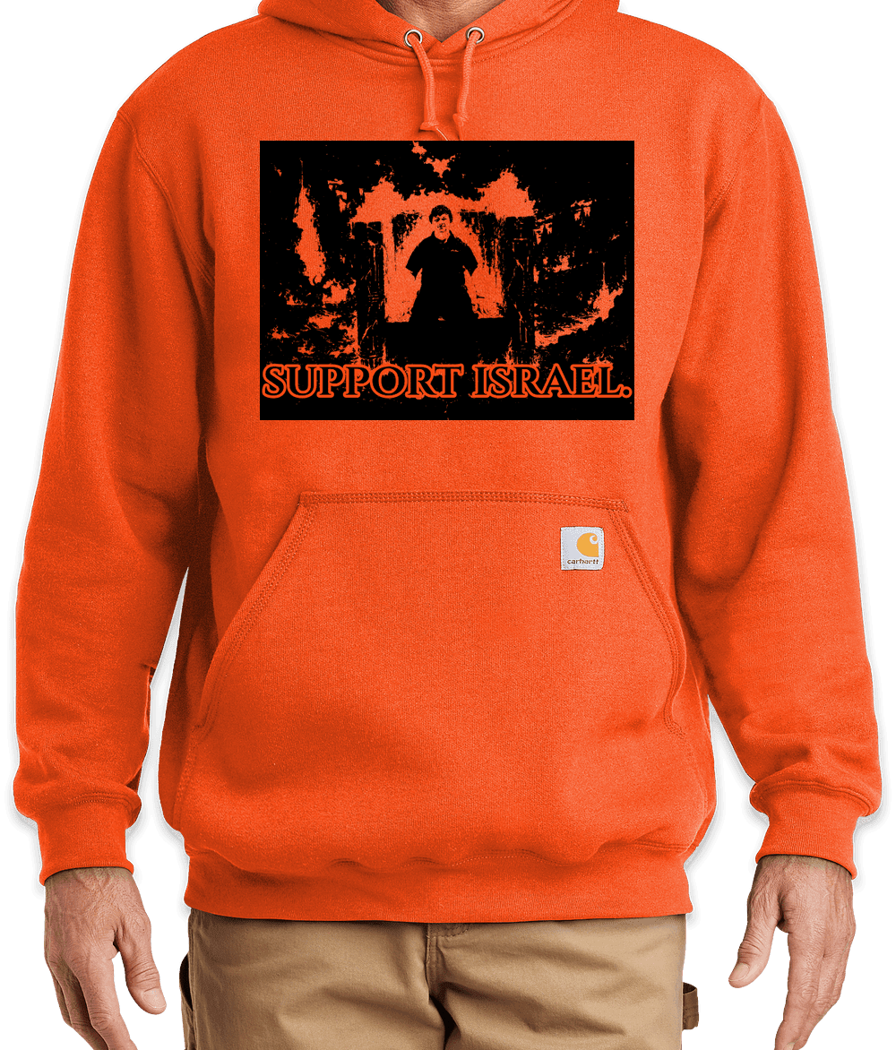 Orange hooded sweatshirt with a high-contrast printed front panel