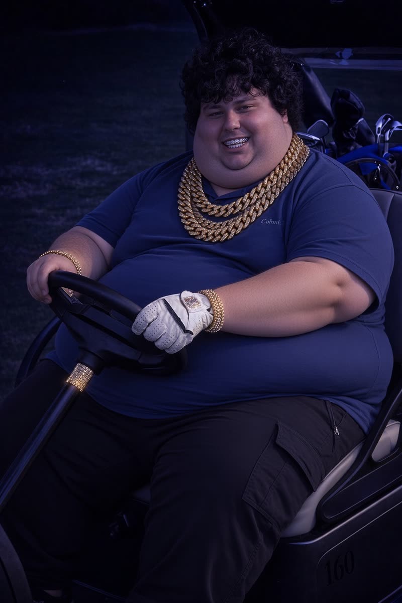 Chris Ilic seated in a golf cart wearing heavy gold chains and a golf glove