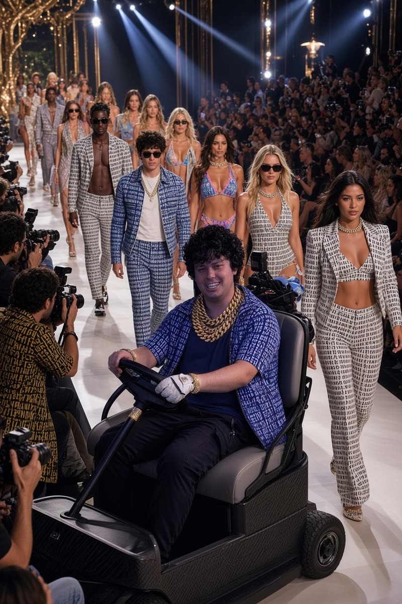 Models on a runway wearing a repeating monogram print, led by Chris Ilic in a golf cart