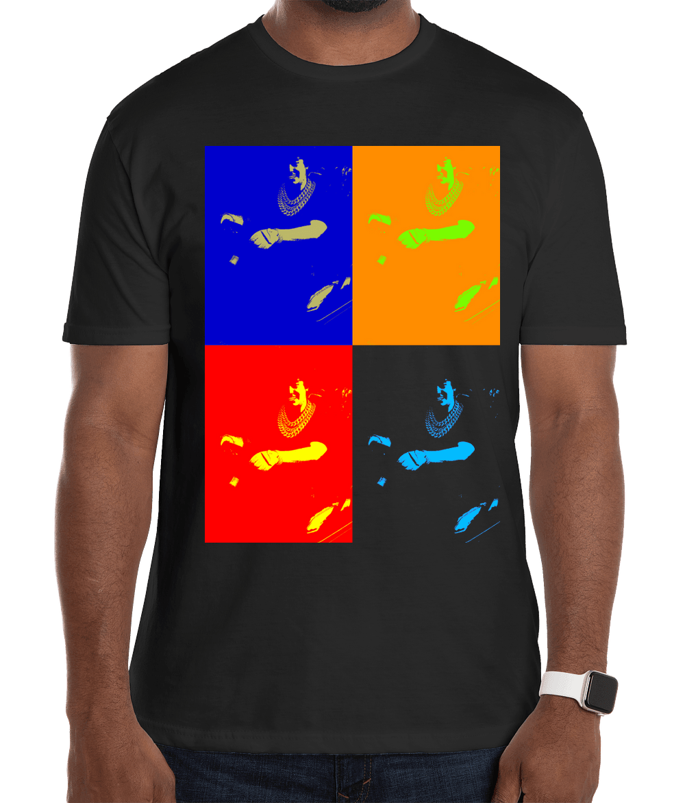 Black tee printed with a four-panel pop-art treatment of Chris Ilic