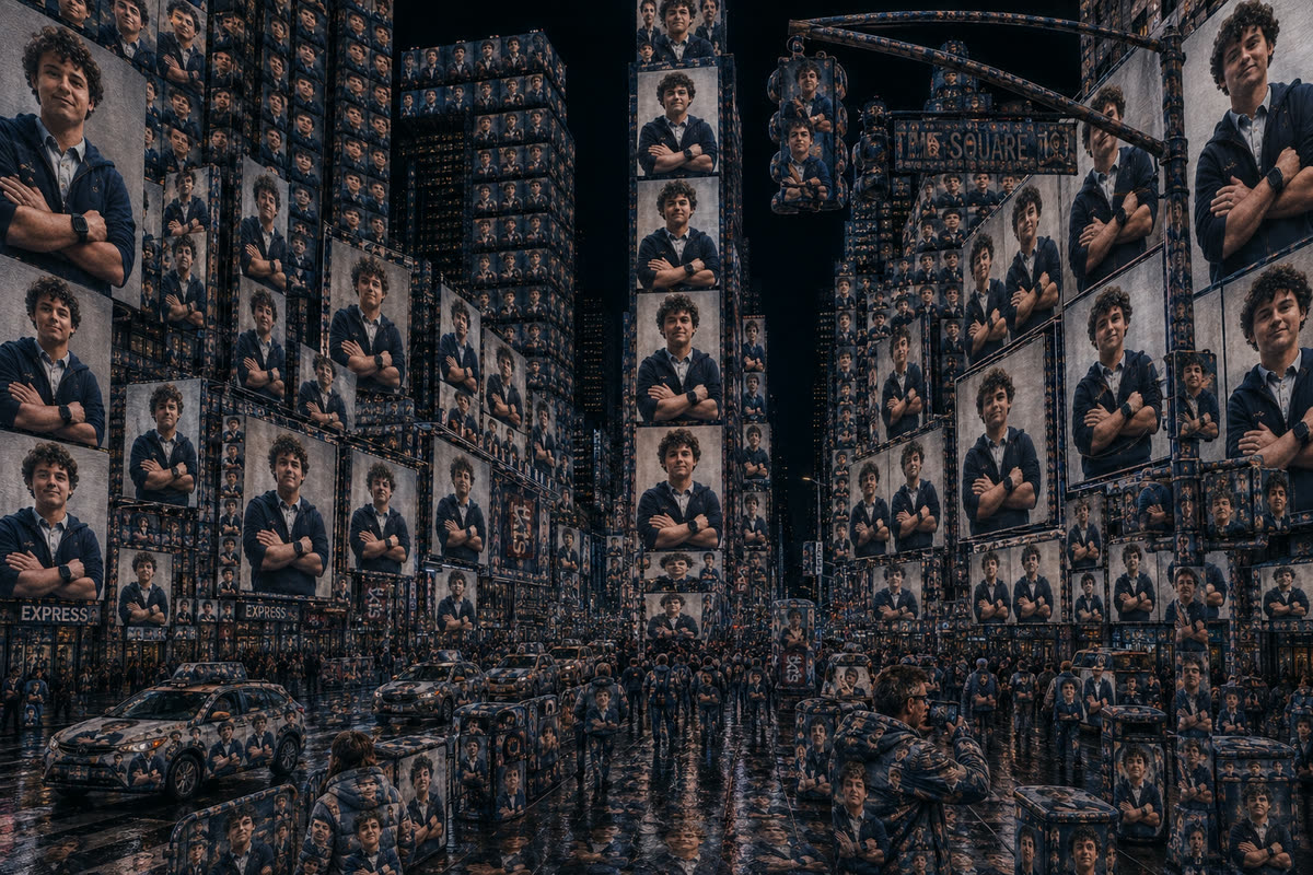 Times Square with every screen, building and vehicle covered in portraits of Chris Ilic