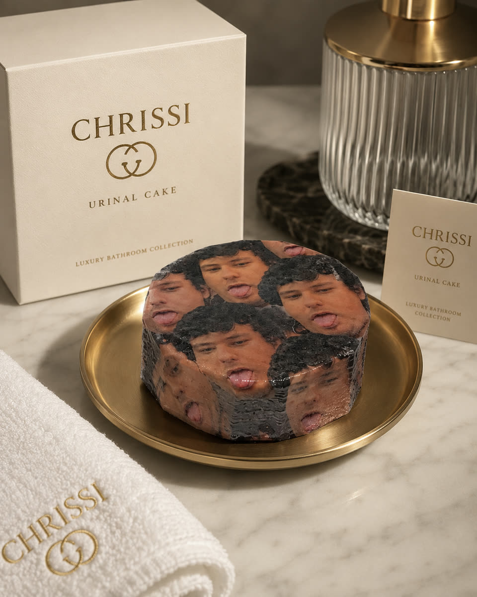 A boxed urinal cake printed with the face of Chris Ilic, presented on a brass dish